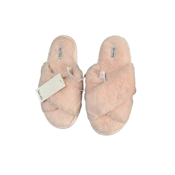 SPLENDID Womens Super Plush Faux Fur Criss-cross‎ Scuff Slippers Pink S/M NEW - Picture 1 of 7